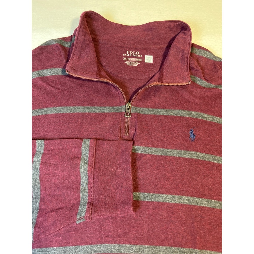 Polo Ralph Lauren Mens XXL Burgundy Gray Striped Quarter Zip Pullover Sweater